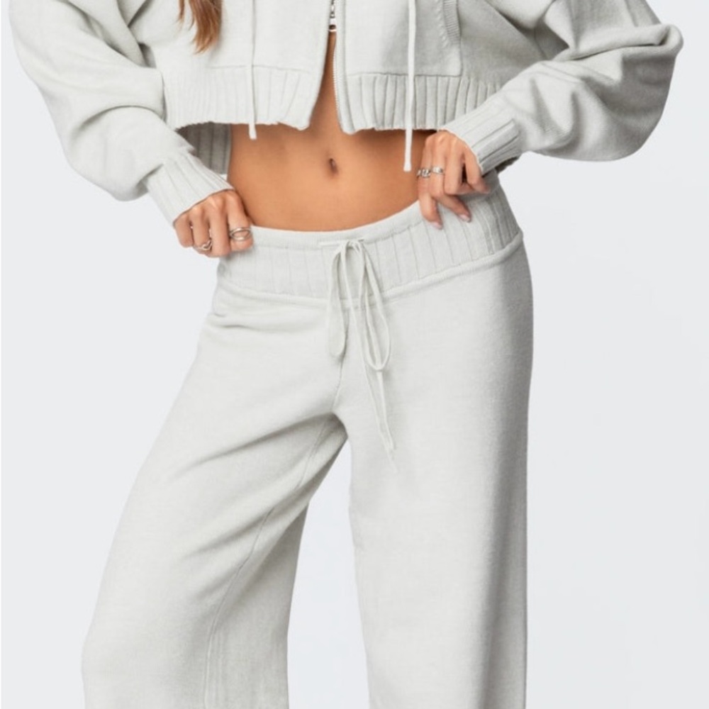 Edikted Gray Track Set with Cropped Zip Up Hoodie and Wide Leg Pants